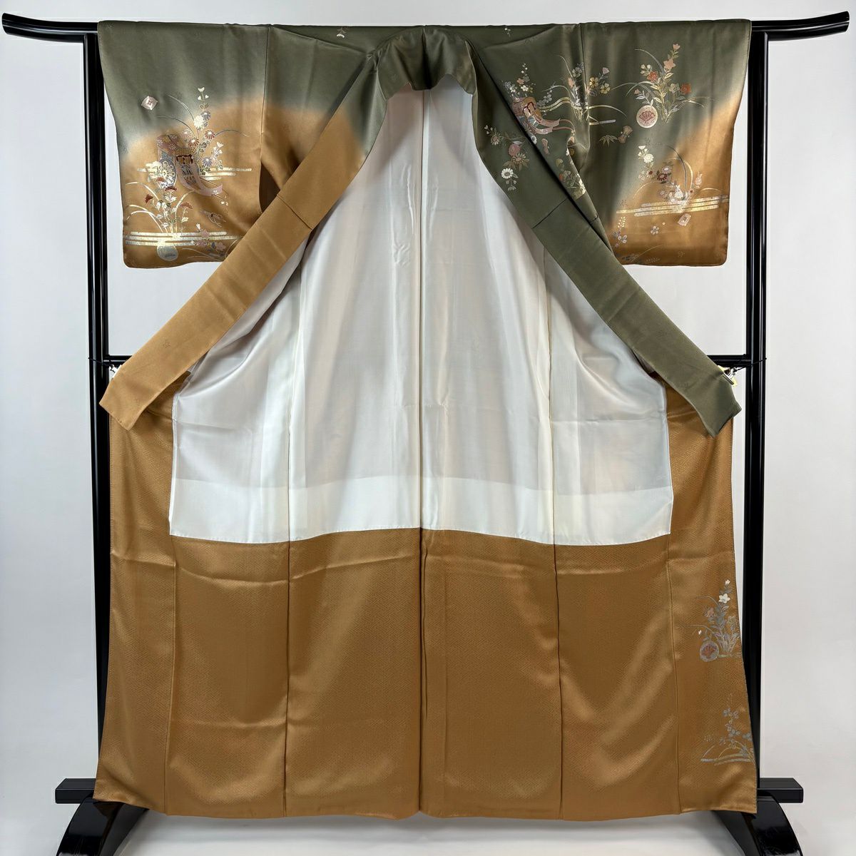 訪問服 身長165.5cm 袖長64cm M 雙層 御所車 菊花 金銀彩 金絲 茶綠 純蠶絲 秀品級