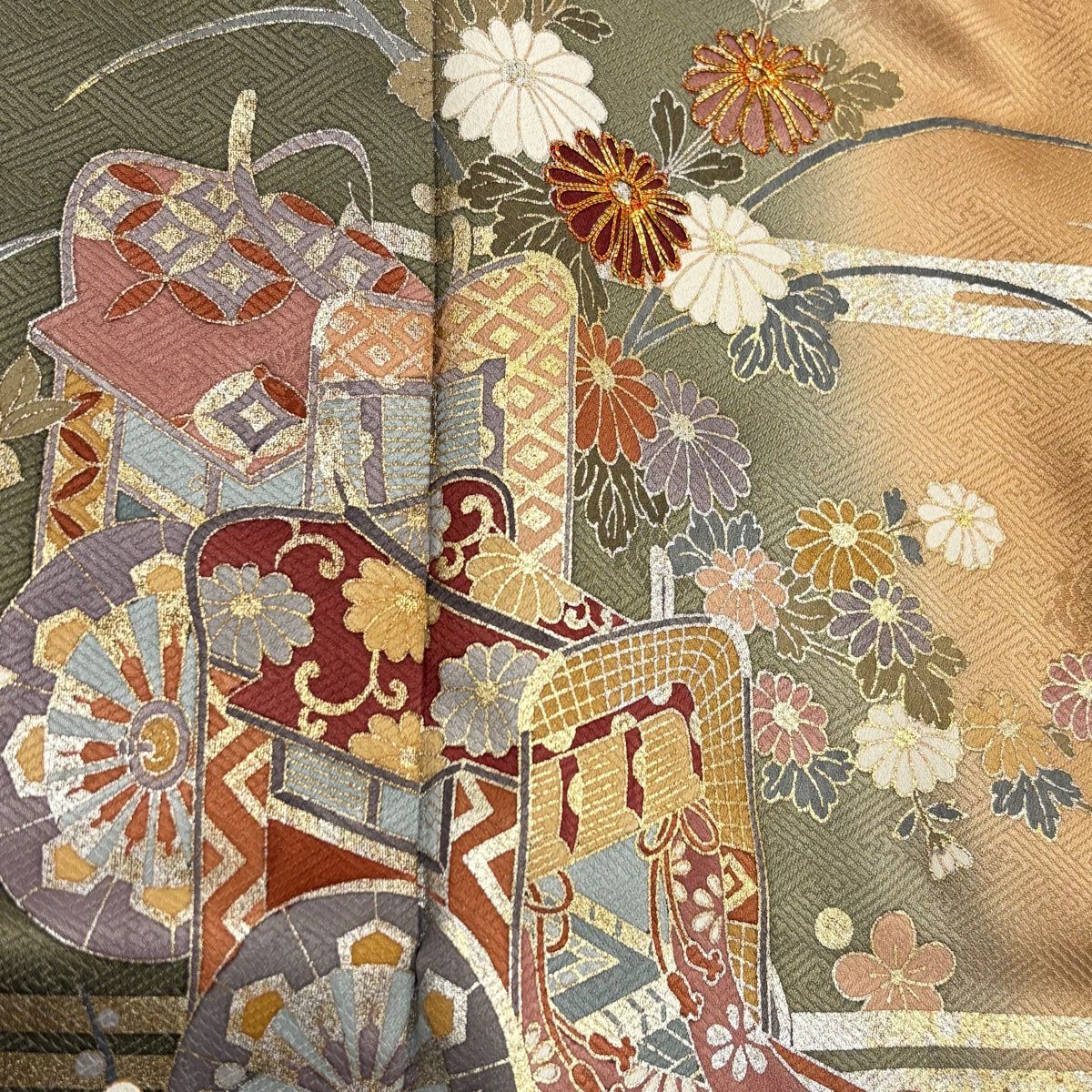 訪問服 身長165.5cm 袖長64cm M 雙層 御所車 菊花 金銀彩 金絲 茶綠 純蠶絲 秀品級