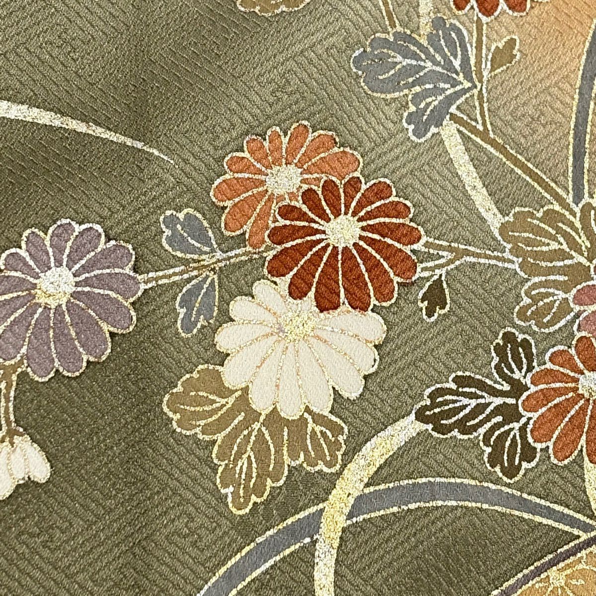訪問服 身長165.5cm 袖長64cm M 雙層 御所車 菊花 金銀彩 金絲 茶綠 純蠶絲 秀品級