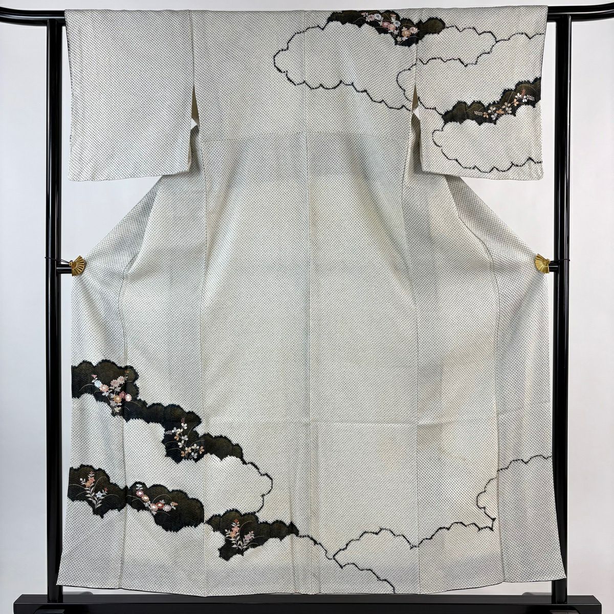 訪問服 身長155.5cm 袖長62cm S 雙層 秋草紋 雲紋 刺繡 總絞染 灰白 純蠶絲 秀品級
