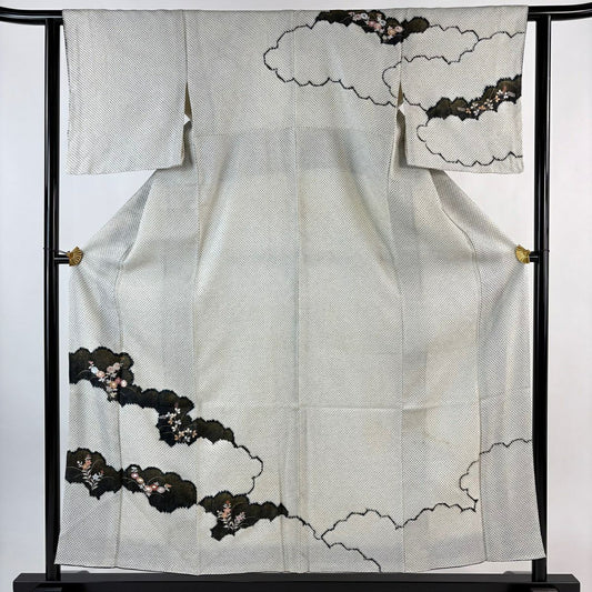 訪問服 身長155.5cm 袖長62cm S 雙層 秋草紋 雲紋 刺繡 總絞染 灰白 純蠶絲 秀品級