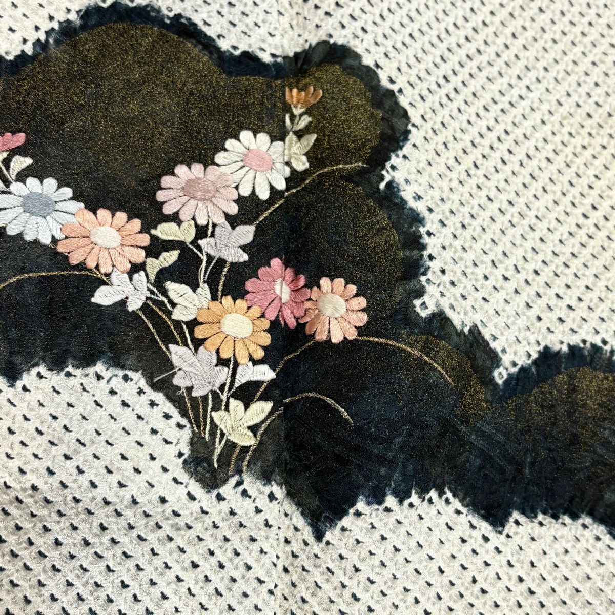 訪問服 身長155.5cm 袖長62cm S 雙層 秋草紋 雲紋 刺繡 總絞染 灰白 純蠶絲 秀品級