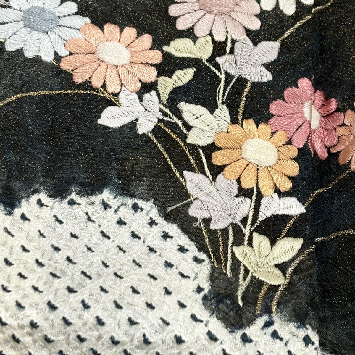 訪問服 身長155.5cm 袖長62cm S 雙層 秋草紋 雲紋 刺繡 總絞染 灰白 純蠶絲 秀品級