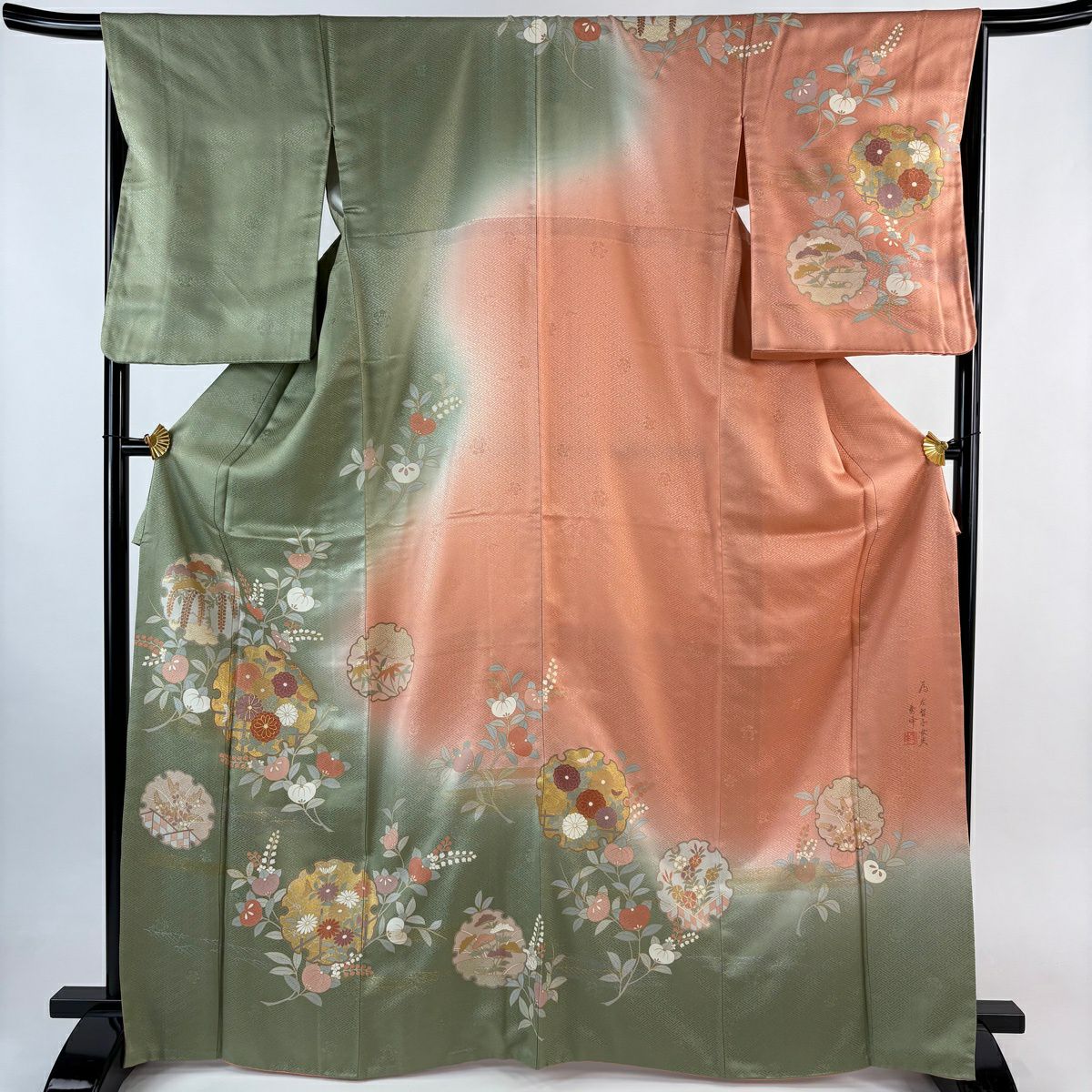 訪問服 身長167.5cm 袖長67cm M 雙層 落款有 雪輪 菊花 金絲 金銀彩 灰綠 純蠶絲 秀品級
