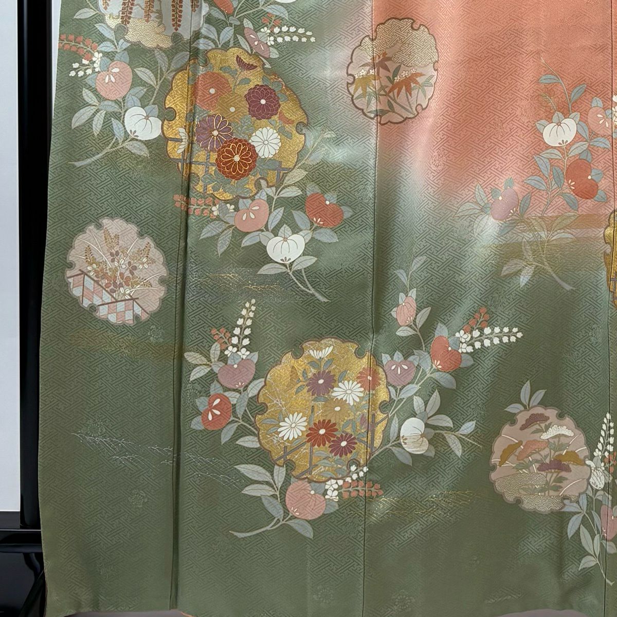 訪問服 身長167.5cm 袖長67cm M 雙層 落款有 雪輪 菊花 金絲 金銀彩 灰綠 純蠶絲 秀品級
