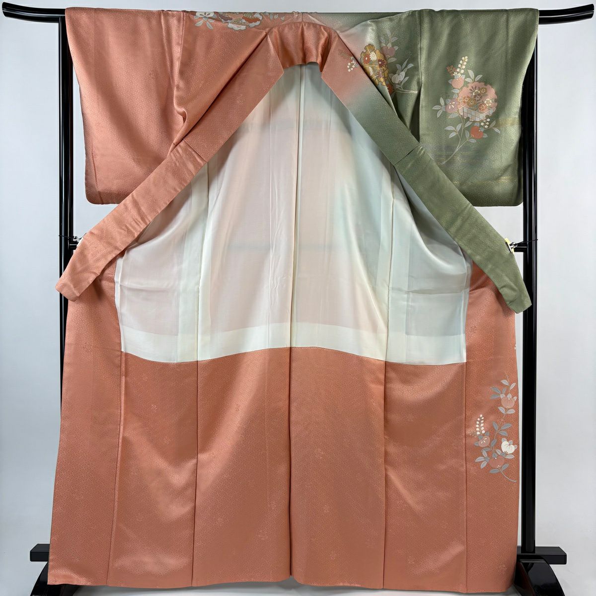 訪問服 身長167.5cm 袖長67cm M 雙層 落款有 雪輪 菊花 金絲 金銀彩 灰綠 純蠶絲 秀品級