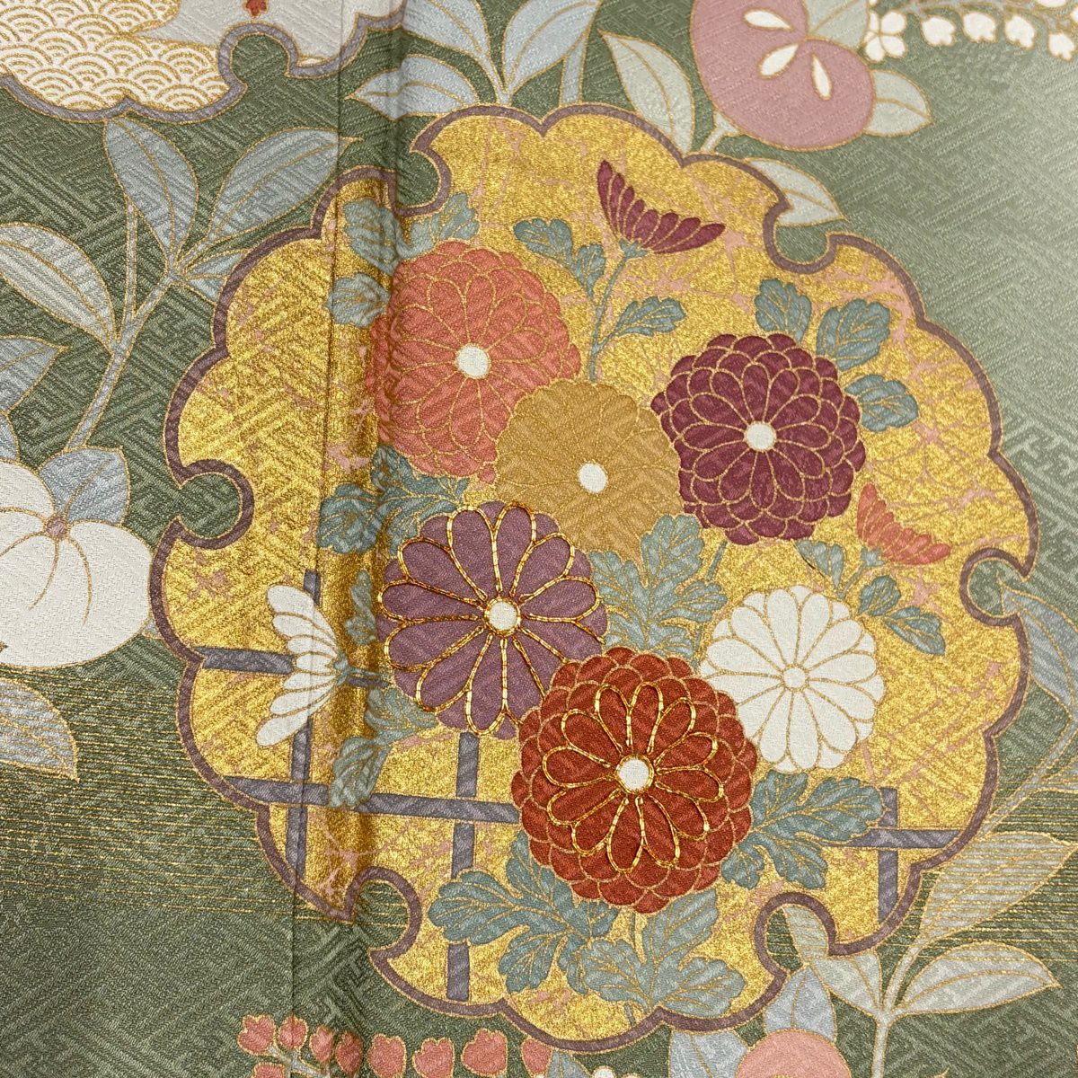 訪問服 身長167.5cm 袖長67cm M 雙層 落款有 雪輪 菊花 金絲 金銀彩 灰綠 純蠶絲 秀品級