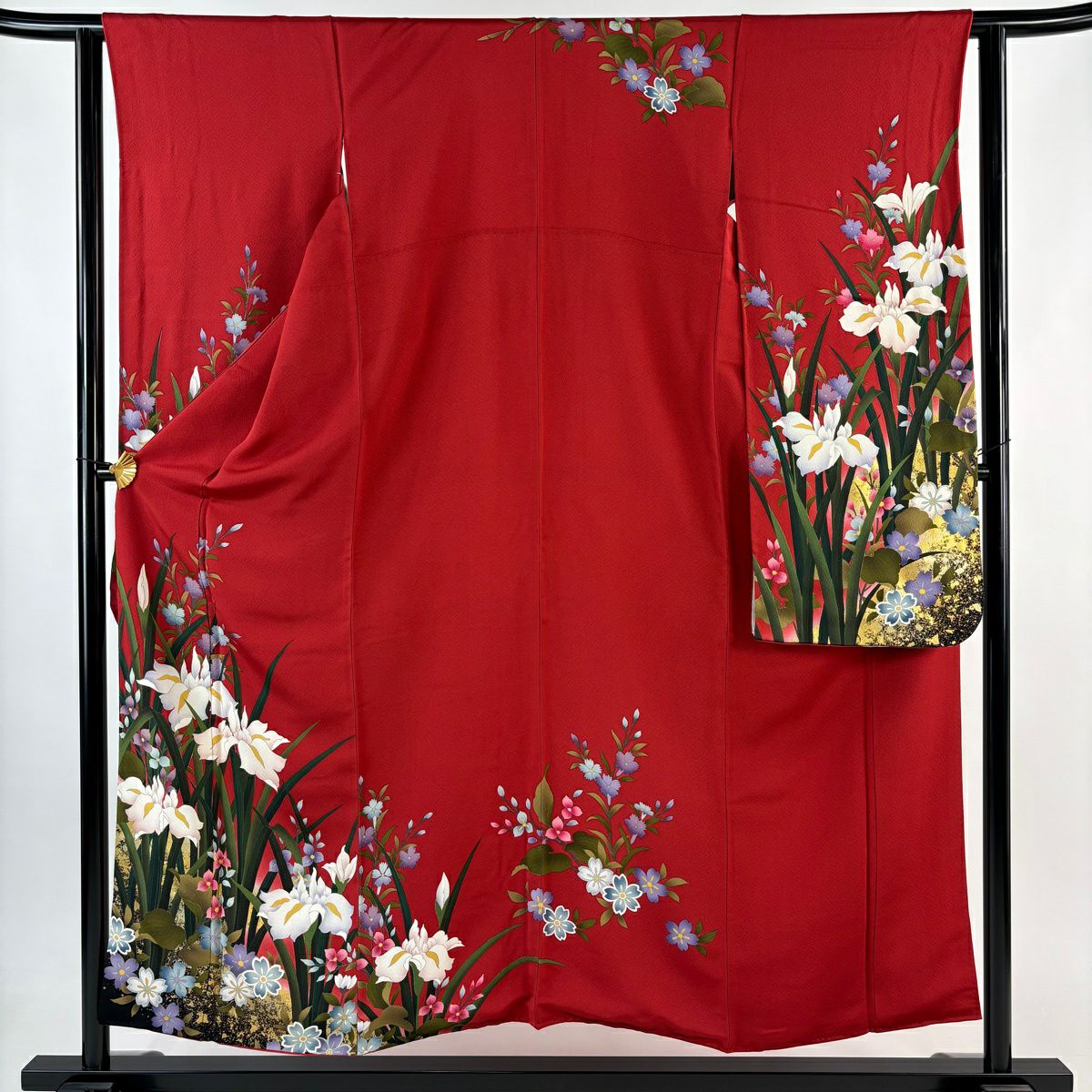 【美品】振袖禮服 身長153.5cm 袖長63cm S 雙層 菖蒲 櫻花 金銀彩 漸層 紅 純蠶絲 秀品級
