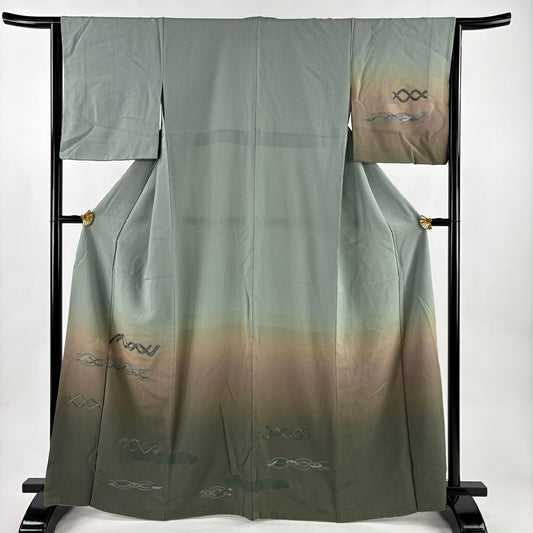 付下 身長164cm 袖長64cm M 雙層 幾何圖案 刺繡 金銀彩 灰綠 純蠶絲 秀品級 一個紋