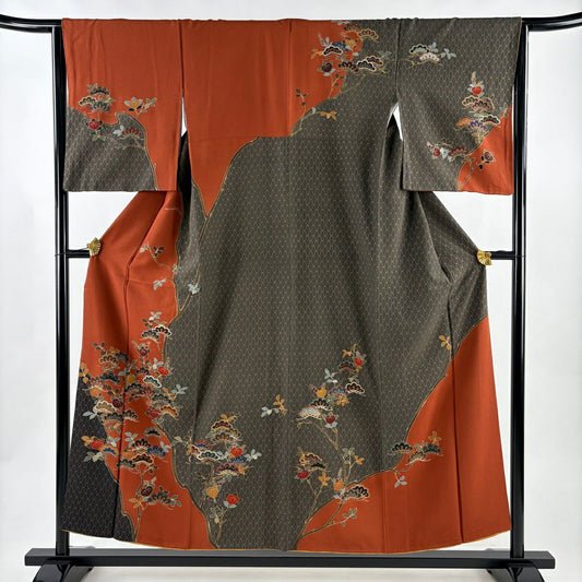訪問服 身長154cm 袖長64cm M 雙層 橘 松樹 金銀彩 縮緬 紅茶 純蠶絲 秀品級