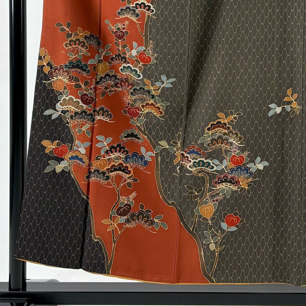 訪問服 身長154cm 袖長64cm M 雙層 橘 松樹 金銀彩 縮緬 紅茶 純蠶絲 秀品級