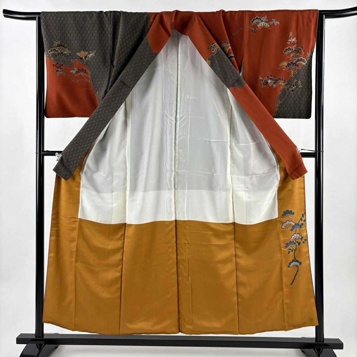 訪問服 身長154cm 袖長64cm M 雙層 橘 松樹 金銀彩 縮緬 紅茶 純蠶絲 秀品級