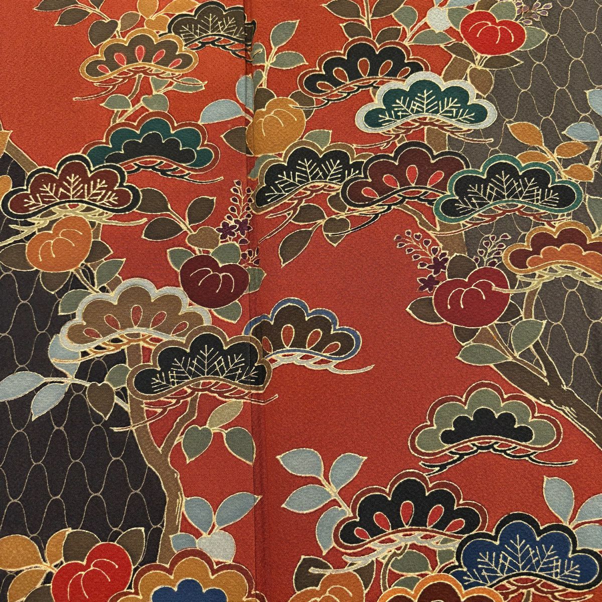訪問服 身長154cm 袖長64cm M 雙層 橘 松樹 金銀彩 縮緬 紅茶 純蠶絲 秀品級
