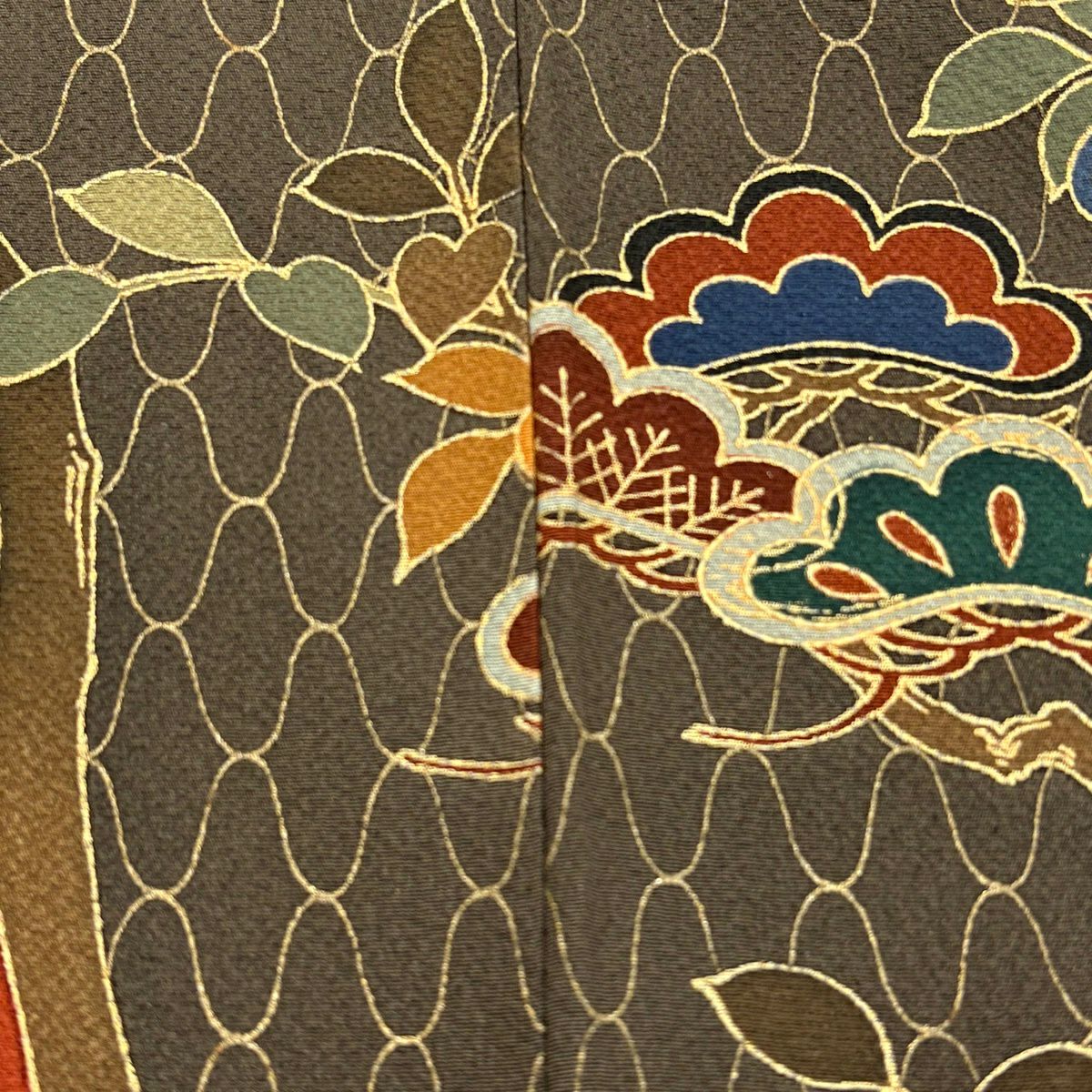 訪問服 身長154cm 袖長64cm M 雙層 橘 松樹 金銀彩 縮緬 紅茶 純蠶絲 秀品級