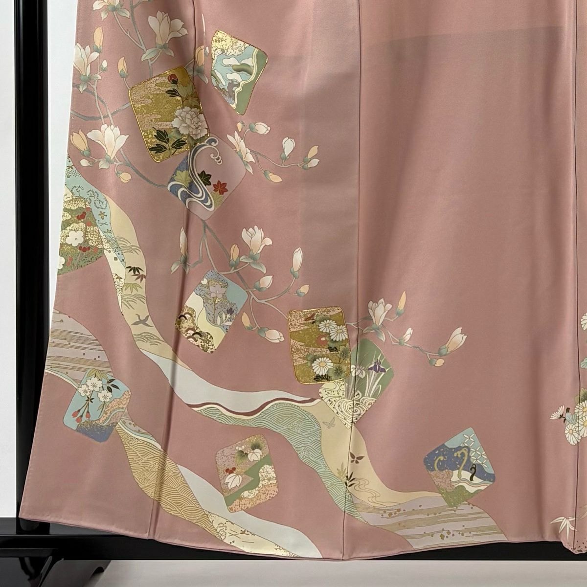 訪問服 身長157cm 袖長64cm M 雙層 色紙 松樹竹子梅花 金絲 金銀彩 粉紅 純蠶絲 優品級