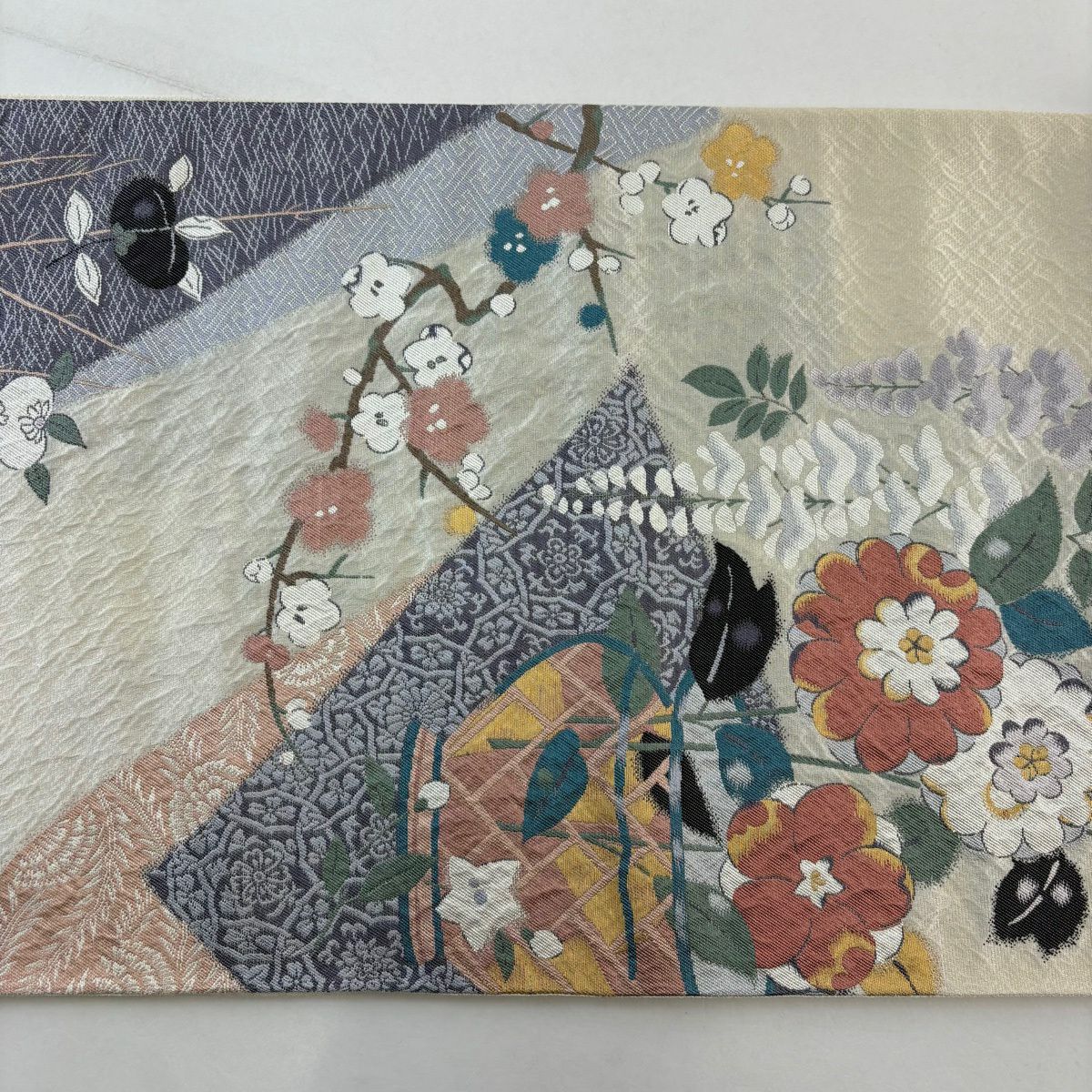 袋帶 秀品級 關西仕立 花瓶 枝梅花 金絲 奶油 六通 純蠶絲