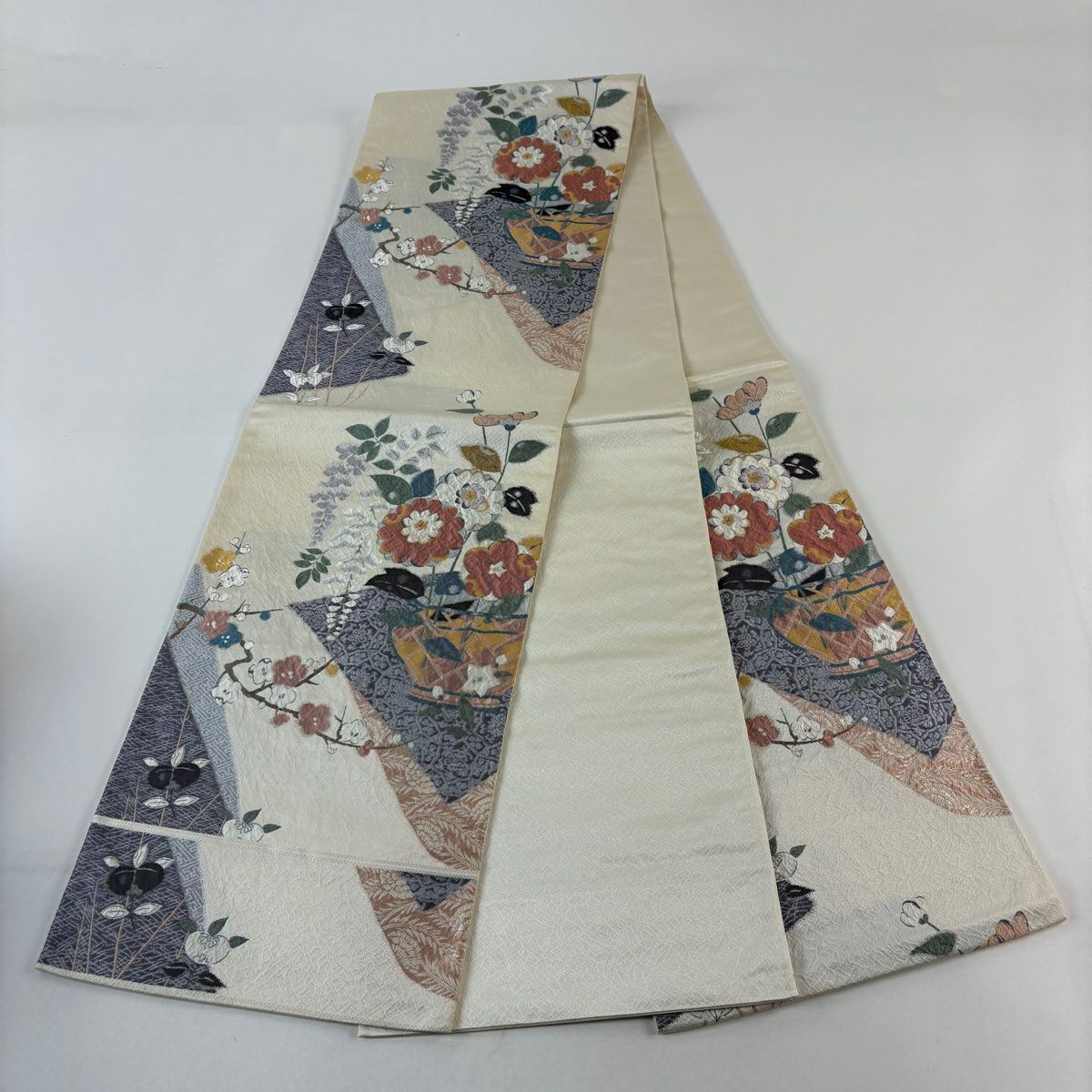 袋帶 秀品級 關西仕立 花瓶 枝梅花 金絲 奶油 六通 純蠶絲