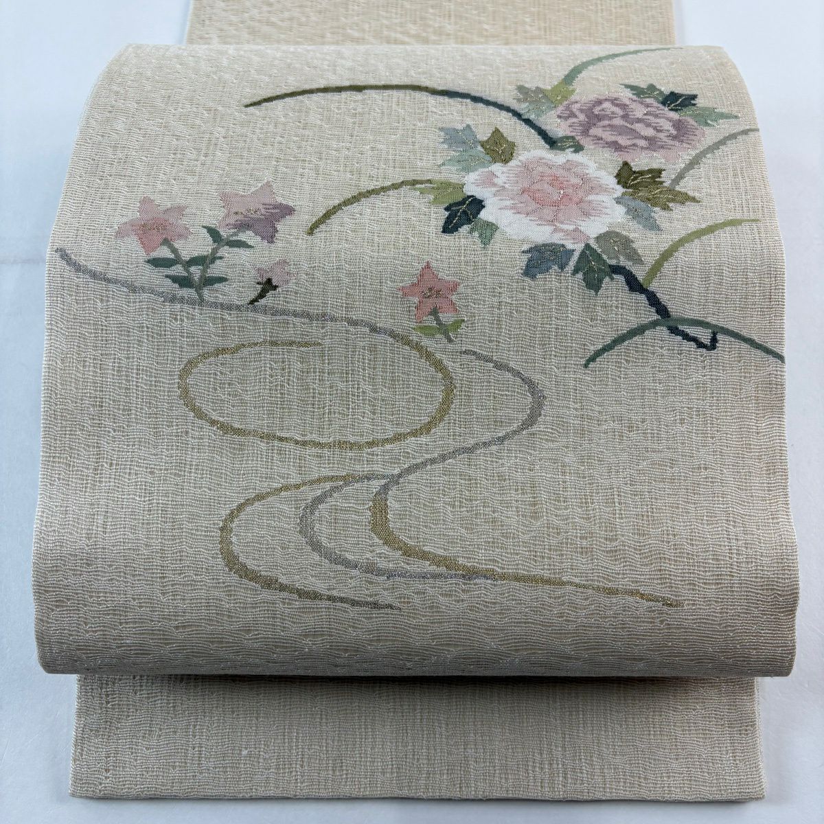 【美品】 袋帶 秀品級 夏帶 草花紋紋 流水 金銀線 米色 大鼓圖案 純蠶絲
