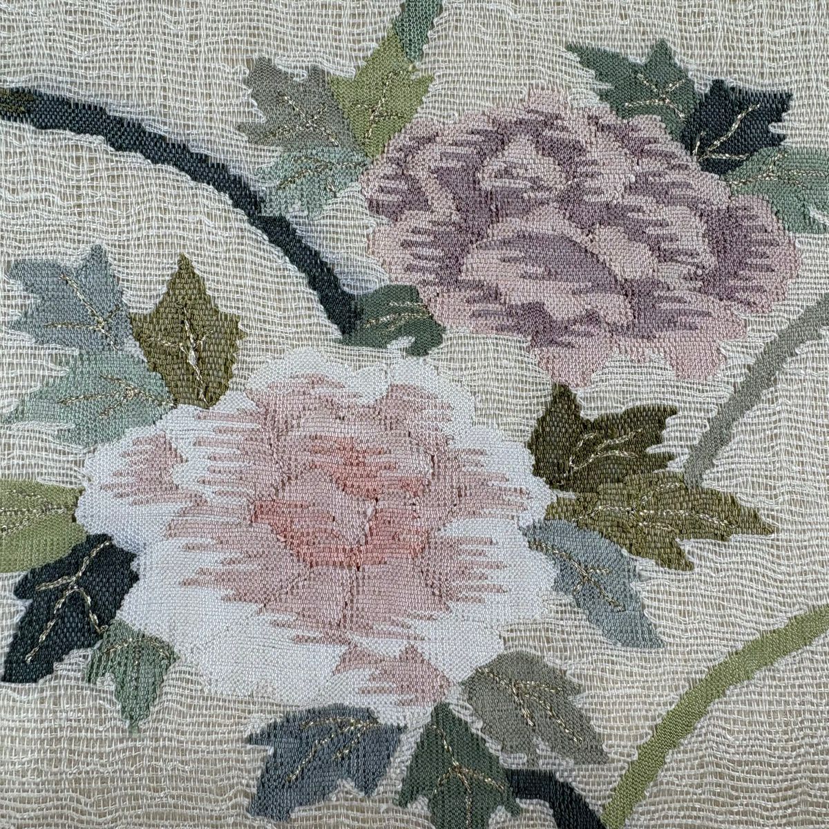 【美品】 袋帶 秀品級 夏帶 草花紋紋 流水 金銀線 米色 大鼓圖案 純蠶絲