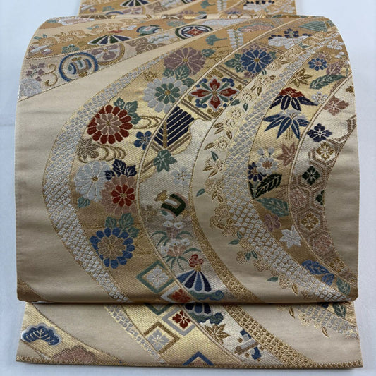 袋帶 秀品級 草花紋紋 寶盡くし 金絲 金金箔 金色 六通 純蠶絲