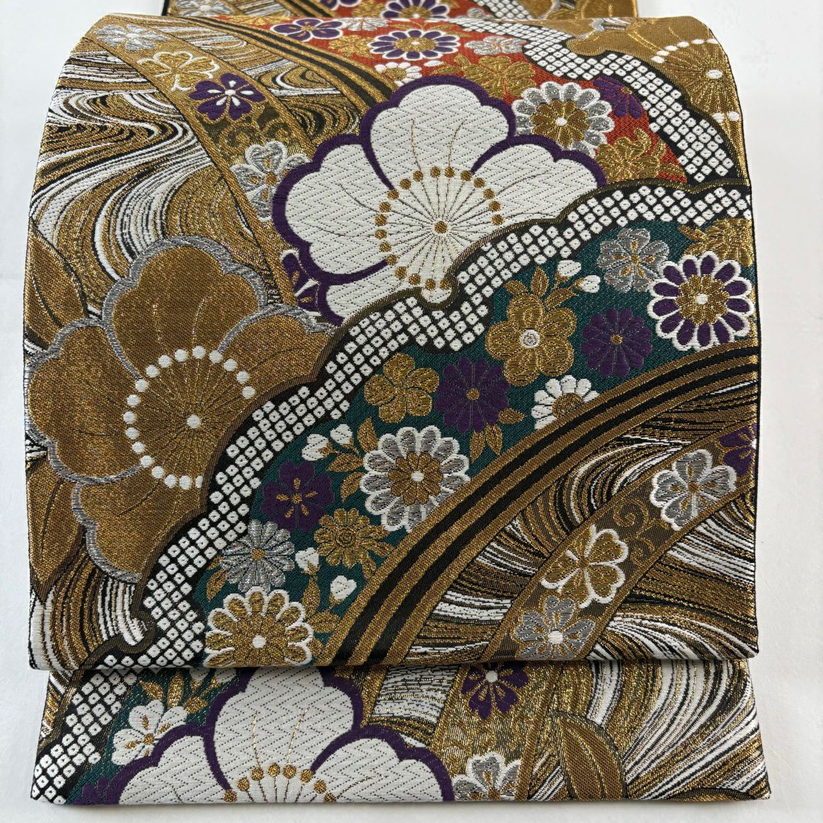 【美品】 袋帶 秀品級 櫻花 菊花花 金銀彩 金色 六通 純蠶絲