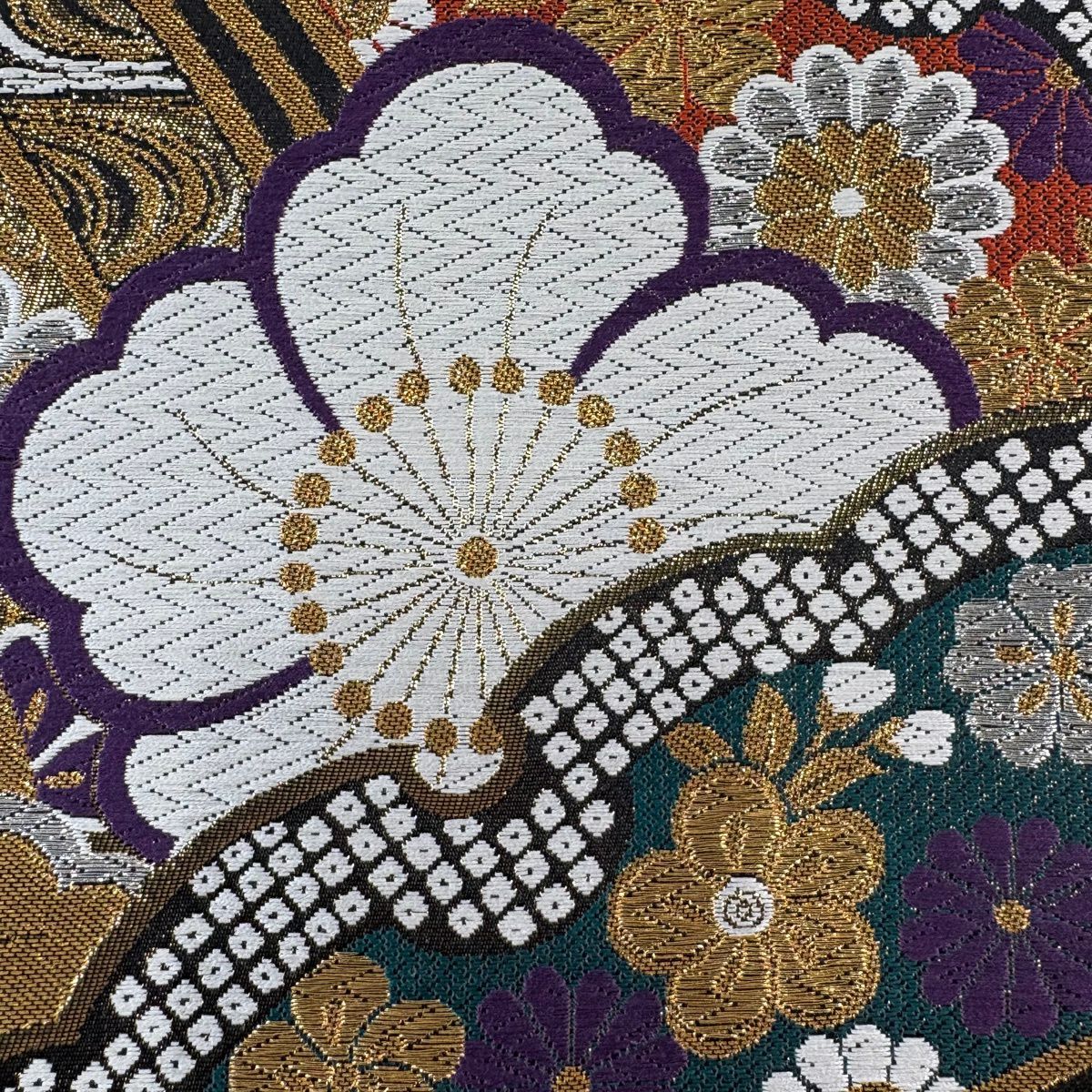 【美品】 袋帶 秀品級 櫻花 菊花花 金銀彩 金色 六通 純蠶絲