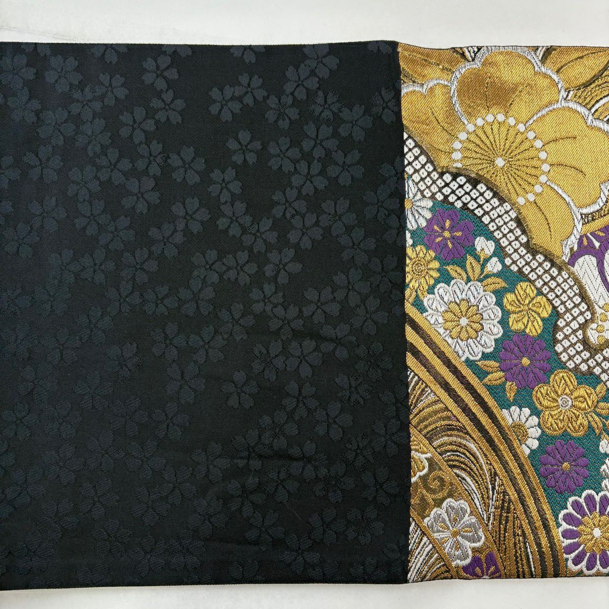 【美品】 袋帶 秀品級 櫻花 菊花花 金銀彩 金色 六通 純蠶絲