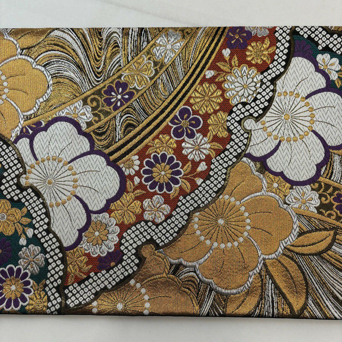 【美品】 袋帶 秀品級 櫻花 菊花花 金銀彩 金色 六通 純蠶絲