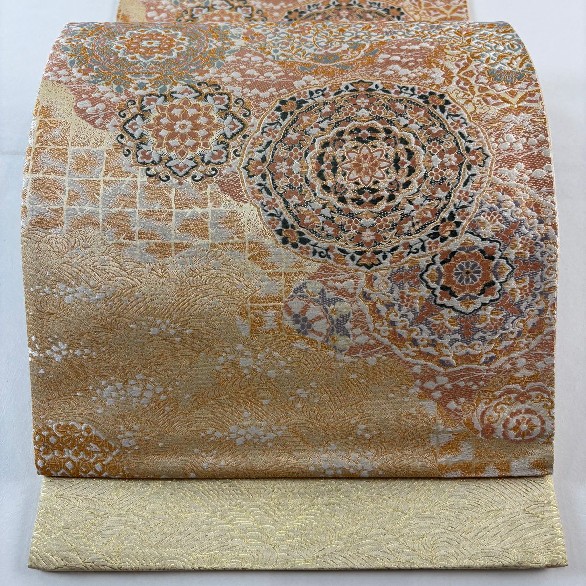 【美品】 袋帶 秀品級 證書齊全 祝華紋繪圖 花唐草紋 金絲 米色 六通 純蠶絲