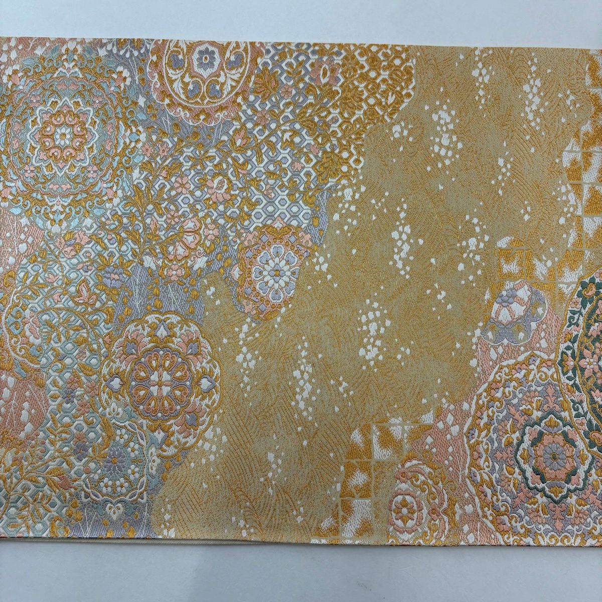 【美品】 袋帶 秀品級 證書齊全 祝華紋繪圖 花唐草紋 金絲 米色 六通 純蠶絲