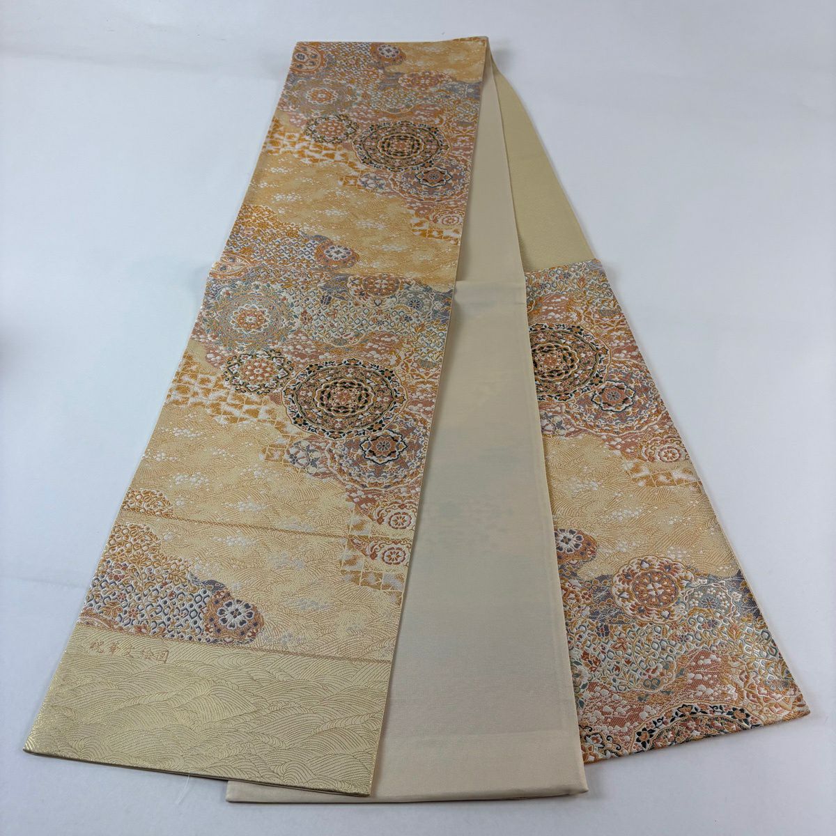 【美品】 袋帶 秀品級 證書齊全 祝華紋繪圖 花唐草紋 金絲 米色 六通 純蠶絲