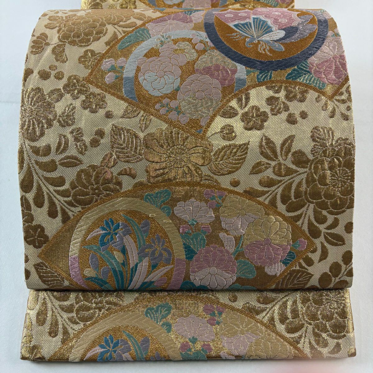 袋帶 秀品級 扇子面 蝶 唐織 金絲 金 六通 純蠶絲