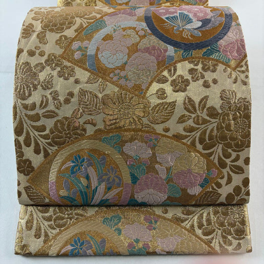 袋帶 秀品級 扇子面 蝶 唐織 金絲 金 六通 純蠶絲