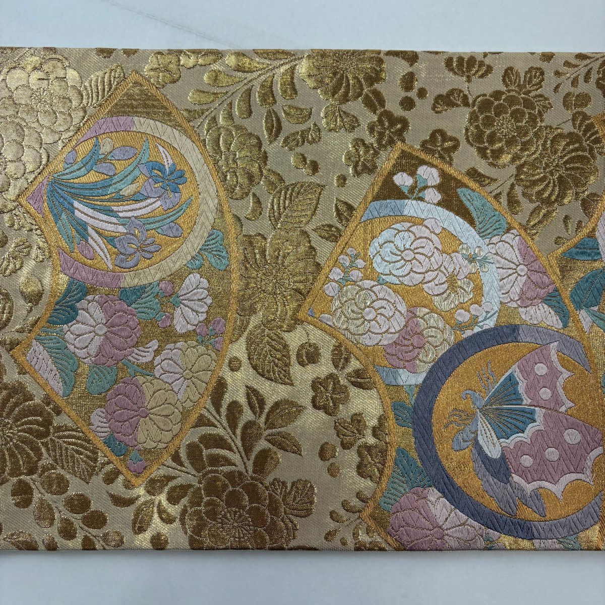袋帶 秀品級 扇子面 蝶 唐織 金絲 金 六通 純蠶絲