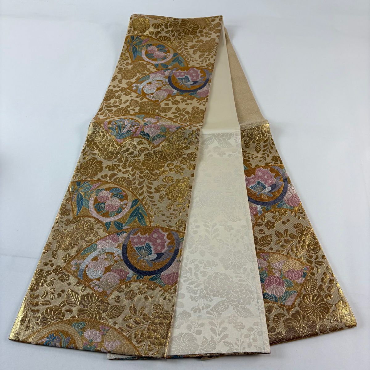 袋帶 秀品級 扇子面 蝶 唐織 金絲 金 六通 純蠶絲