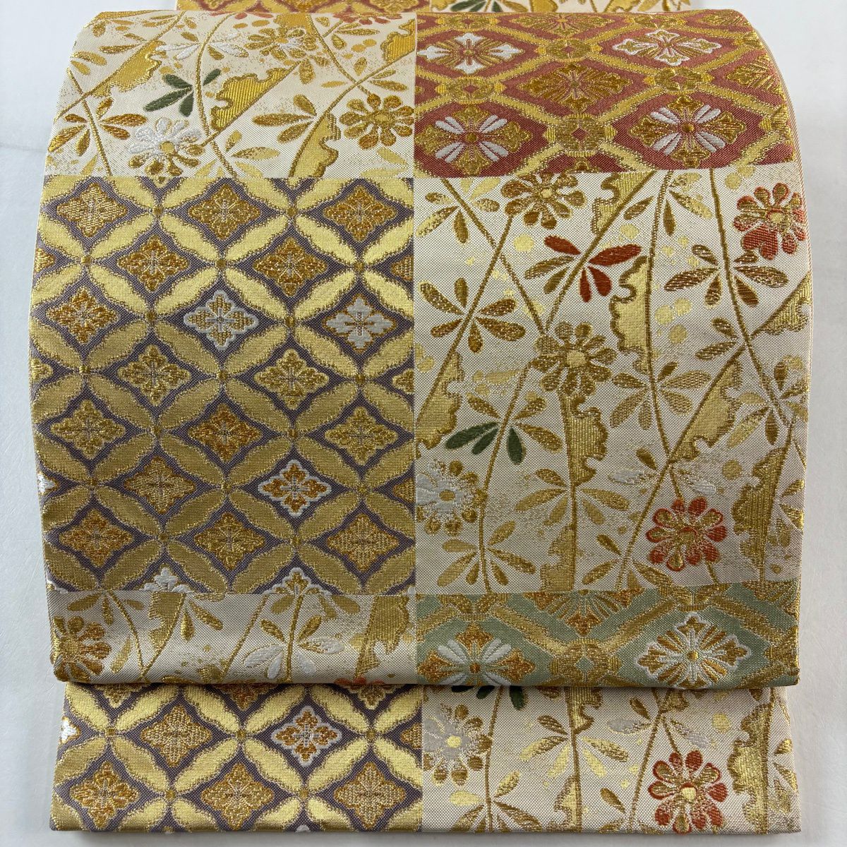 【美品】 袋帶 秀品級 ますいわ屋 七寶 雪輪 金絲 金金箔 米色 六通 純蠶絲