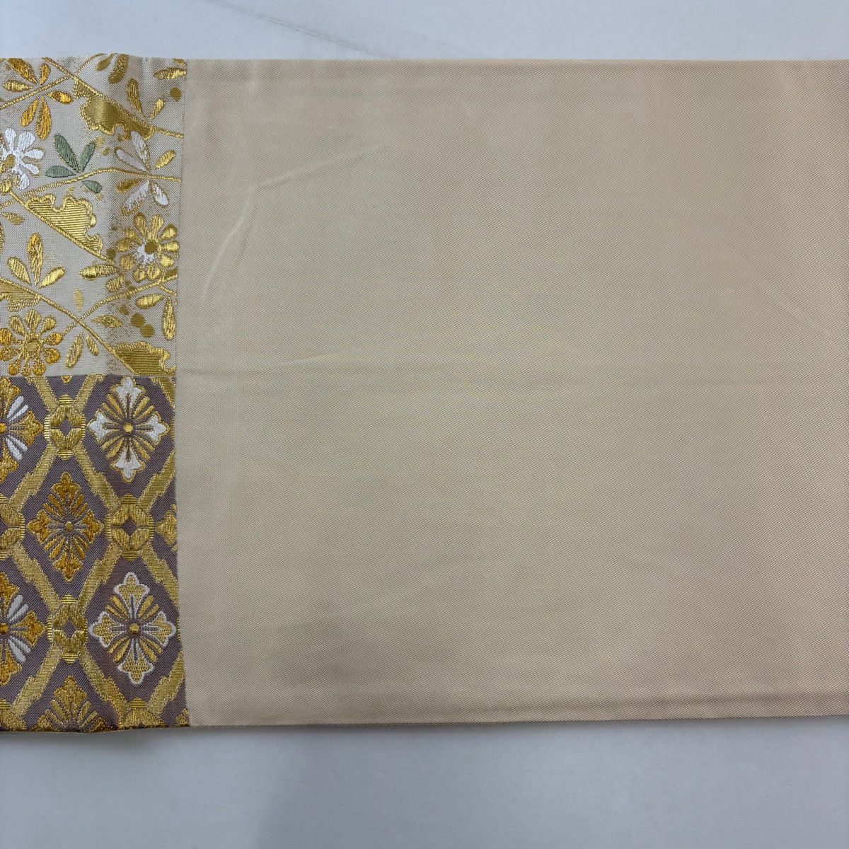【美品】 袋帶 秀品級 ますいわ屋 七寶 雪輪 金絲 金金箔 米色 六通 純蠶絲