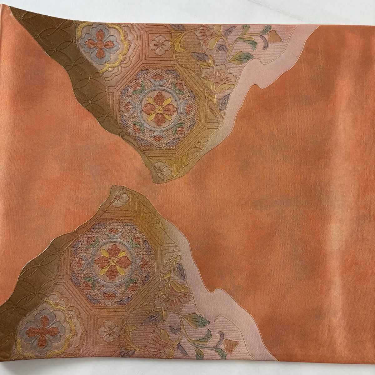 袋帶 秀品級 華紋 有職文樣 刺繡 金彩裝飾 鮭粉色 大鼓圖案 純蠶絲