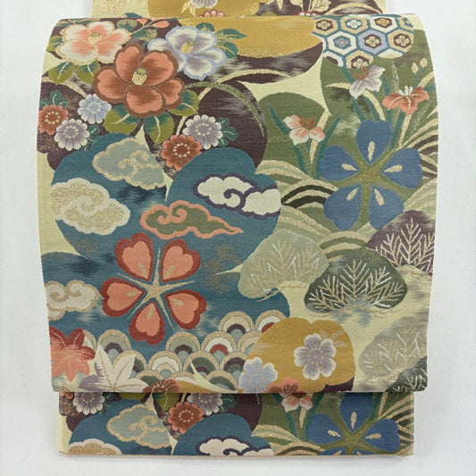 袋帶 秀品級 草花紋紋 瑞雲 金金箔 米色 六通 純蠶絲