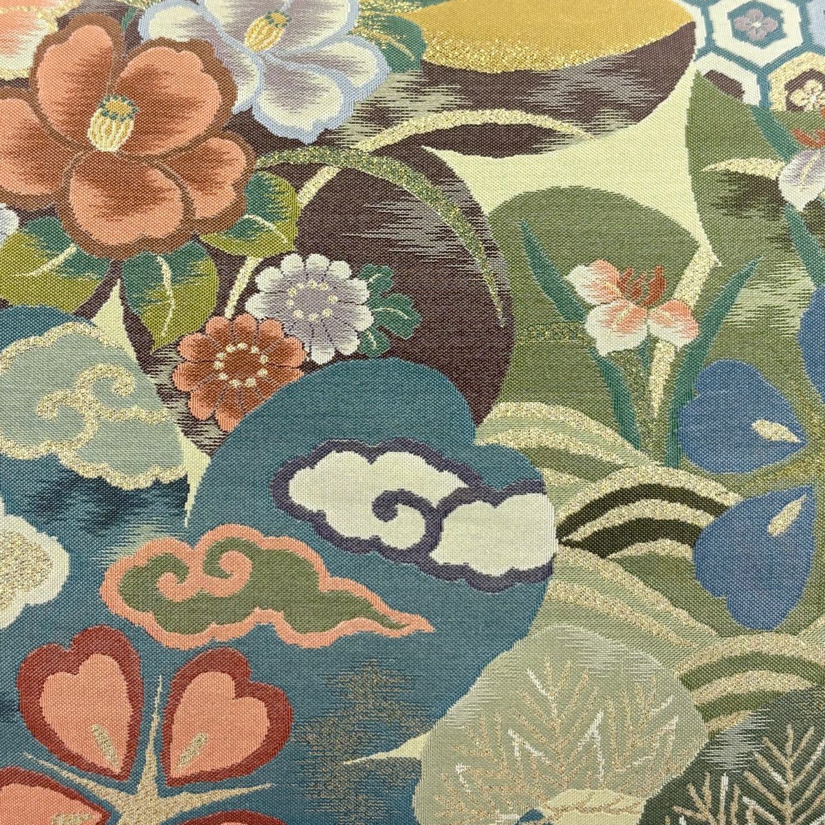 袋帶 秀品級 草花紋紋 瑞雲 金金箔 米色 六通 純蠶絲