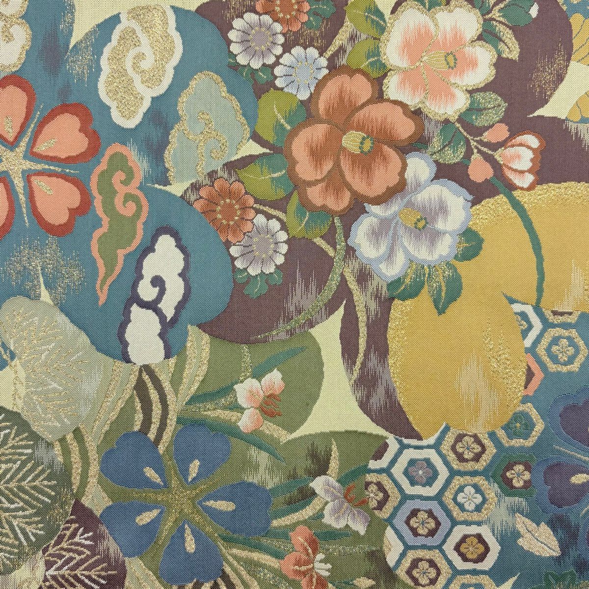 袋帶 秀品級 草花紋紋 瑞雲 金金箔 米色 六通 純蠶絲