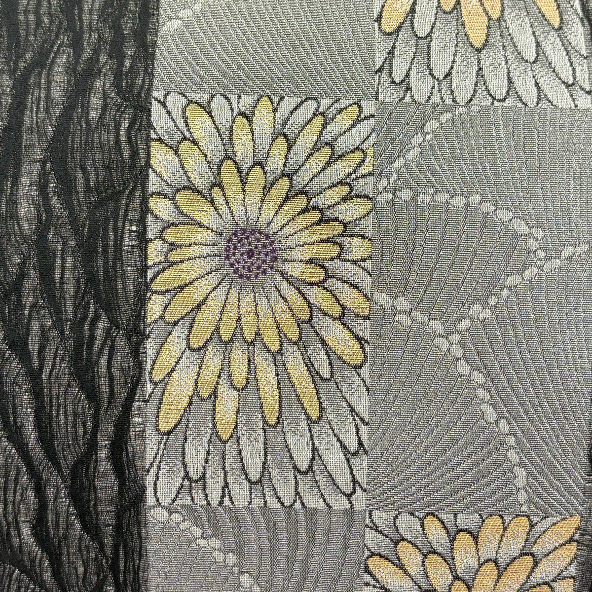 【美品】 袋帶 秀品級 菊花 變化市松樹 銀線 金金箔 銀色 六通 純蠶絲