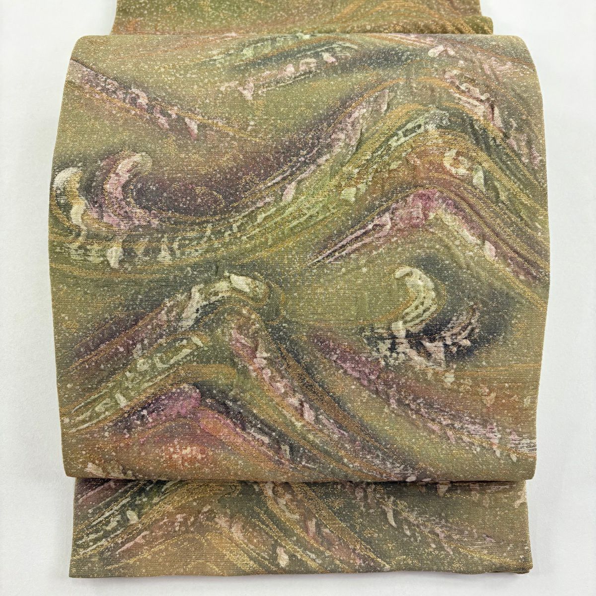 【美品】 袋帶 秀品級 波頭 金金箔 鶯 綠色 お太鼓圖案 純蠶絲