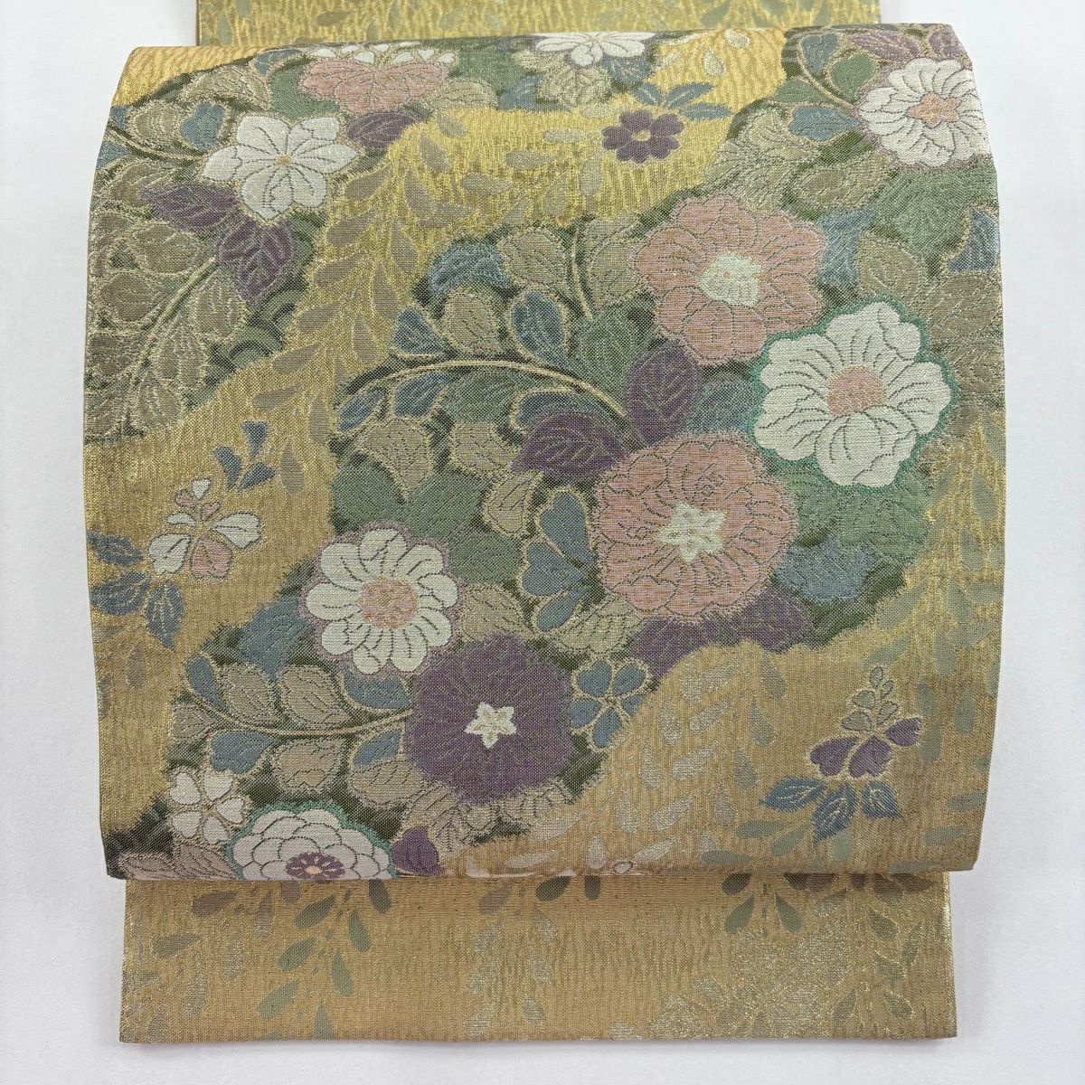 【美品】 袋帶 秀品級 草花紋紋 金絲 金金箔 金色 大鼓圖案 純蠶絲