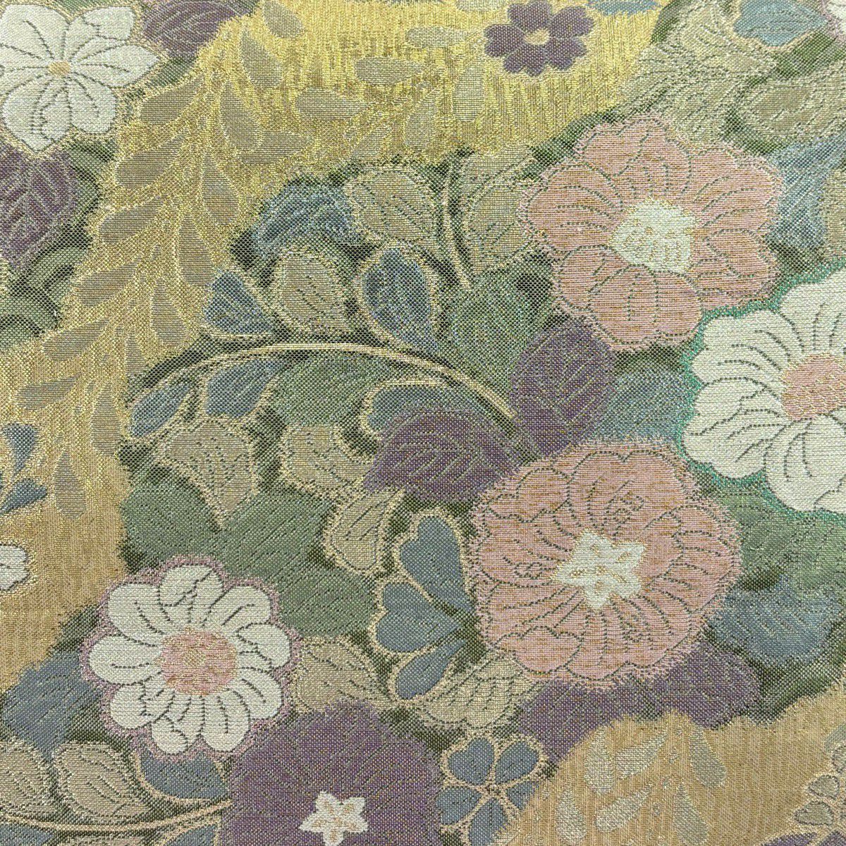 【美品】 袋帶 秀品級 草花紋紋 金絲 金金箔 金色 大鼓圖案 純蠶絲