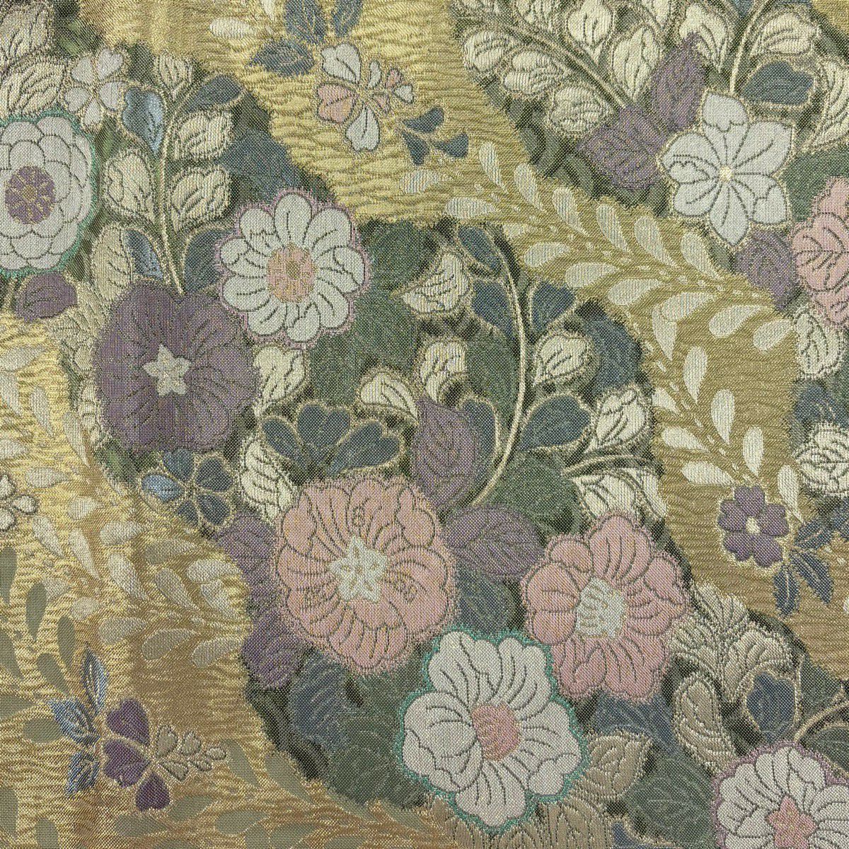 【美品】 袋帶 秀品級 草花紋紋 金絲 金金箔 金色 大鼓圖案 純蠶絲