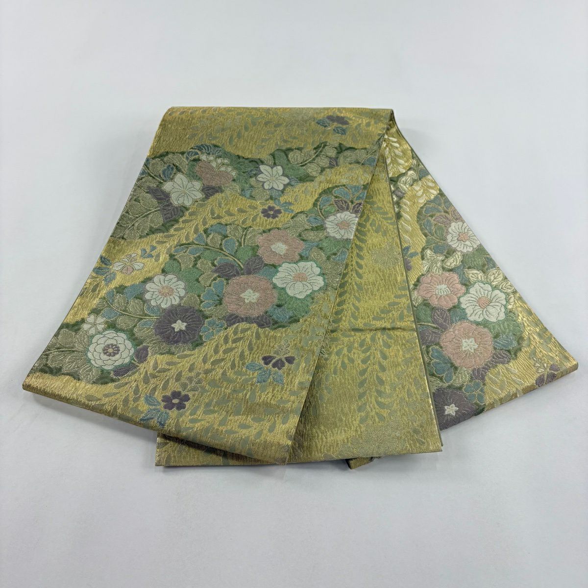 【美品】 袋帶 秀品級 草花紋紋 金絲 金金箔 金色 大鼓圖案 純蠶絲