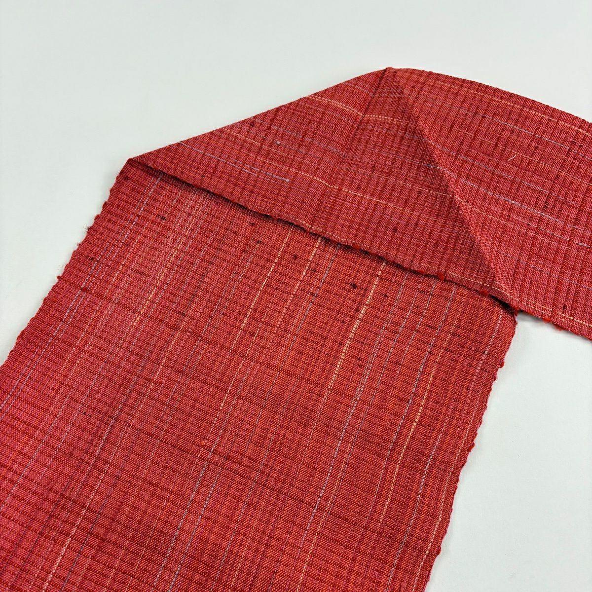 【美品】 名古屋帶 秀品級 八寸名古屋帶 松樹葉仕立 幾何學圖案 朱 純蠶絲
