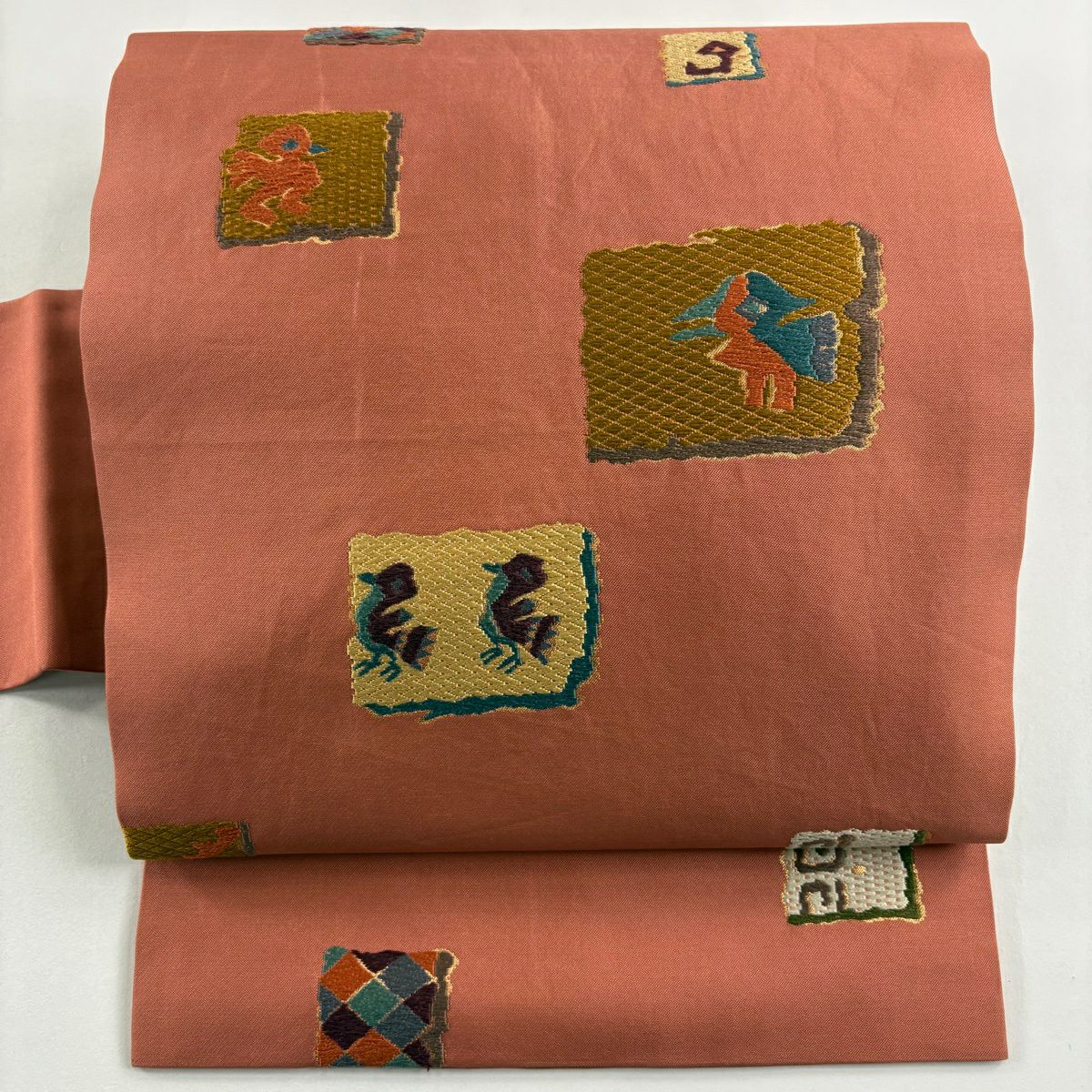 名古屋帶 秀品級 鳥 幾何圖案 刺繡 金金箔 鮭粉色 純蠶絲
