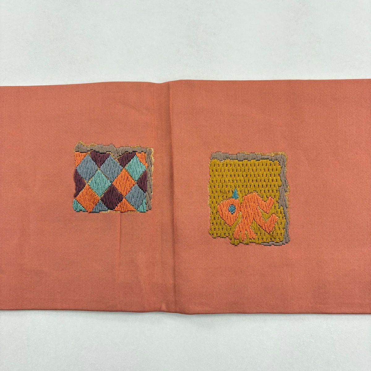名古屋帶 秀品級 鳥 幾何圖案 刺繡 金金箔 鮭粉色 純蠶絲